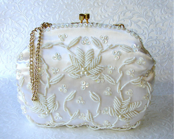 Wedding - Sweet 1960's SHARONEE White Satin Purse Vintage Hand Beaded Sequin Wedding Handbag British Hong Kong Formal Bridal Kiss Clasp Gold Chain