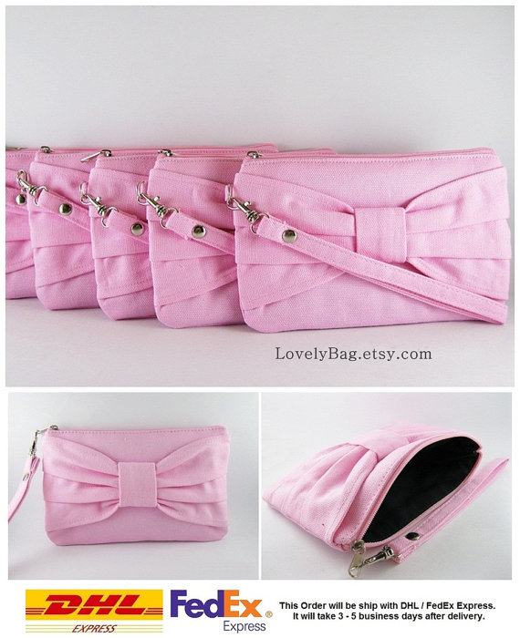 Mariage - SUPER SALE - Set of 5 Light Pink Bow Clutches - Bridal Clutches, Bridesmaid Clutch, Bridesmaid Wristlet, Wedding Gift - Made To Order