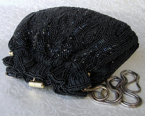 Свадьба - Vintage Talbots Formal Beaded Evening Bag Jet Black Glass Bead Clutch Gathered Victorian Style Purse Gold Frame Kiss Clasp Long Chain Strap