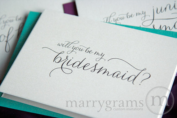 زفاف - Will You Be My Bridesmaid Card Set, Maid of Honor, Flower Girl, Cards to Ask Bridal Party -Colorful Pink, Green, Navy Purple, Green Notes