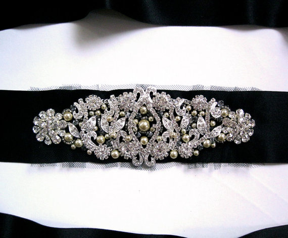 زفاف - Rhinestone and Pearl bridal BLACK sash modified longer detail