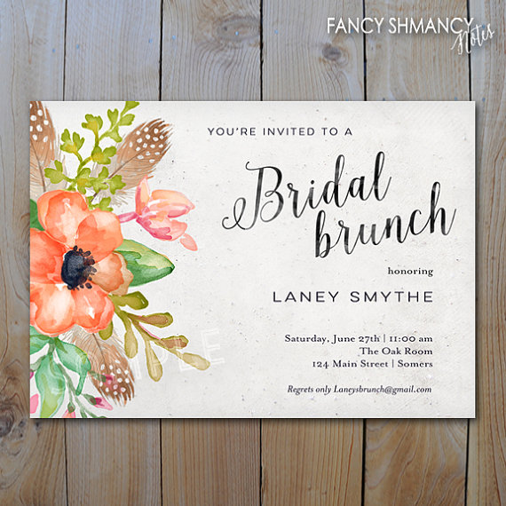 Mariage - Bridal Brunch  Invitation / Coral Feather and Floral Script Invitation / PRINTABLE INVITATION / #1258