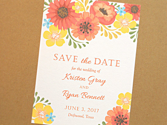 زفاف - Save the Date Wedding Card, Orange and Yellow Vintage Flowers