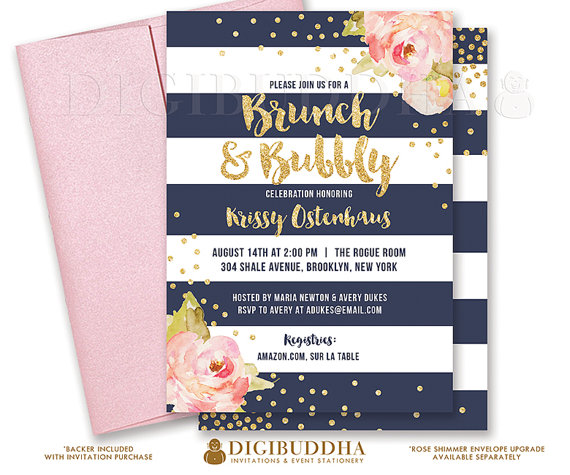 Свадьба - BRUNCH & BUBBLY INVITATION Bridal Shower Invite Pink Peonies Navy Stripes Gold Glitter Confetti Printable Rose Free Shipping or DiY- Krissy