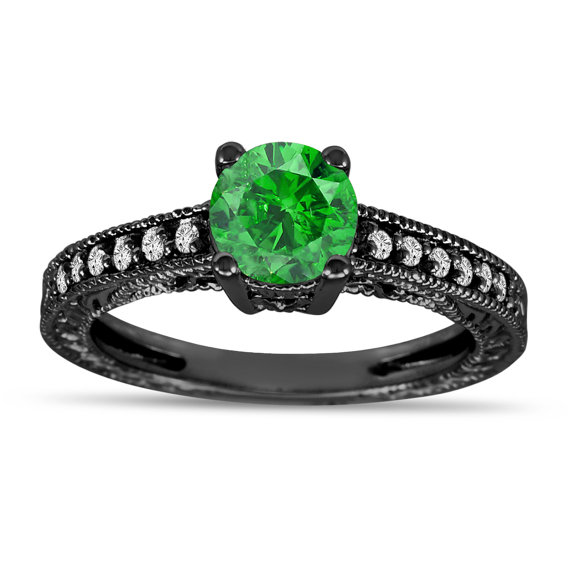Hochzeit - Fancy Green Diamond Engagement Ring 14K Black Gold Vintage Style Engraved VS2 0.89 Carat