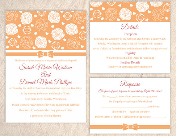 Hochzeit - DIY Wedding Invitation Template Set Editable Word File Instant Download Printable Orange Wedding Invitation Floral Rose Wedding Invitation