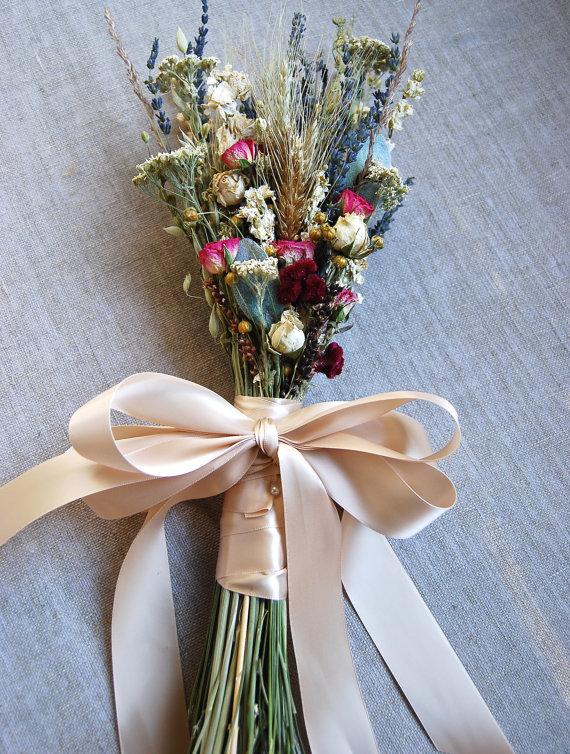 Свадьба - Fall or Winter Wedding  Brides Bouquet of Lavender Roses Larkspur Gilded and Green Wheat and other dried flowers
