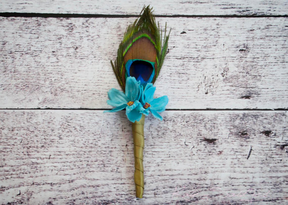 Wedding - Peacock Boutonniere - Peacock and Teal Wildflower Wedding Boutonniere