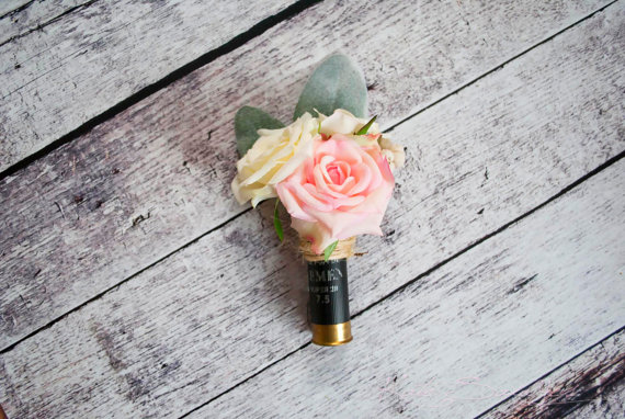 Mariage - Shotgun Shell Wedding Boutonniere with Blush and Ivory Roses