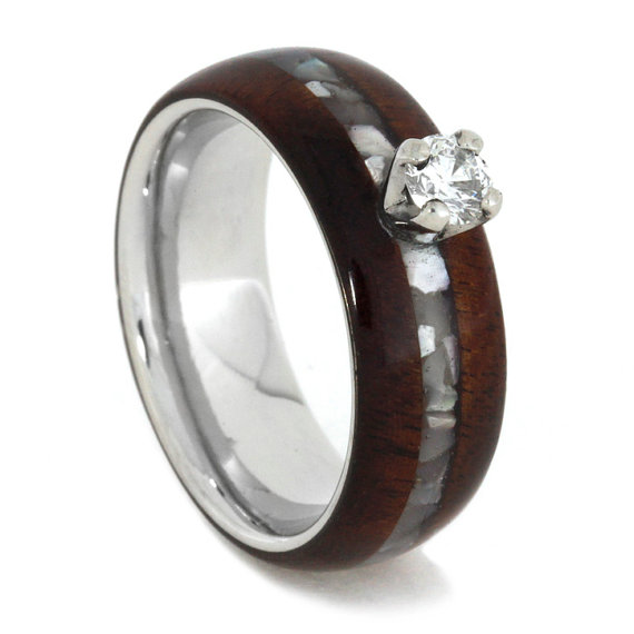 زفاف - Diamond Engagement Ring in Palladium Setting with Mother of Pearl Inlay and Wood Overlays, Personalized Handmade Engagement Ring