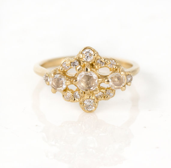 Wedding - White Diamond Engagement Ring in 14K Yellow Gold, Rose Cut Diamonds, Clustered Diamond Ring, Fine Jewelry by Melanie Casey