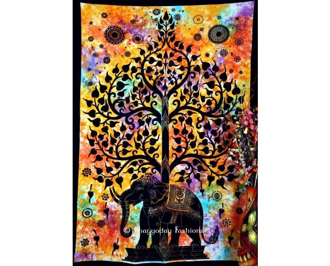 Mariage - Indian Cotton Black Elephant Tree Tapestry