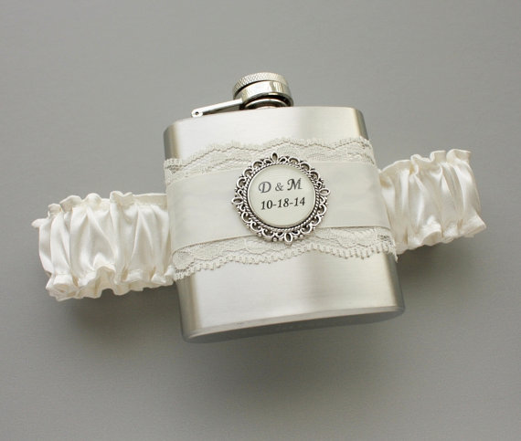 Wedding - Personalized Satin & Lace FLASK GARTER -- Ivory (also available in black or white) - Bridal Garter - Garter with Flask