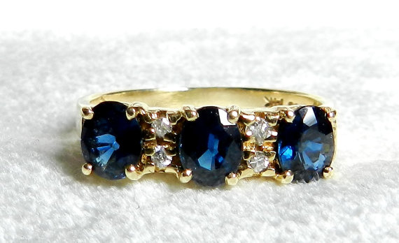 Wedding - Sapphire Engagement Ring, Three Stone Blue Sapphire Diamond Filigree Engagement Ring 14K Gold, 1.5 Ct Sapphire September Birthday