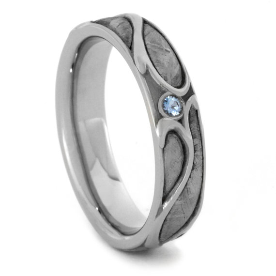 Mariage - Aquamarine Engagement Ring, Palladium Wedding Band With Meteorite, Aquamarine Ring For Women