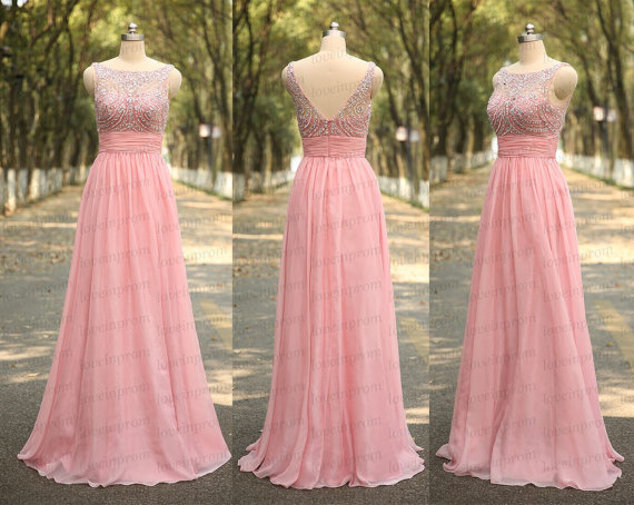 Hochzeit - Cap Sleeve Pink Long Bridesmaid Dress Handmade Pink Beading Crystal Chiffon Wedding Party Dress Long Pink Prom Dress