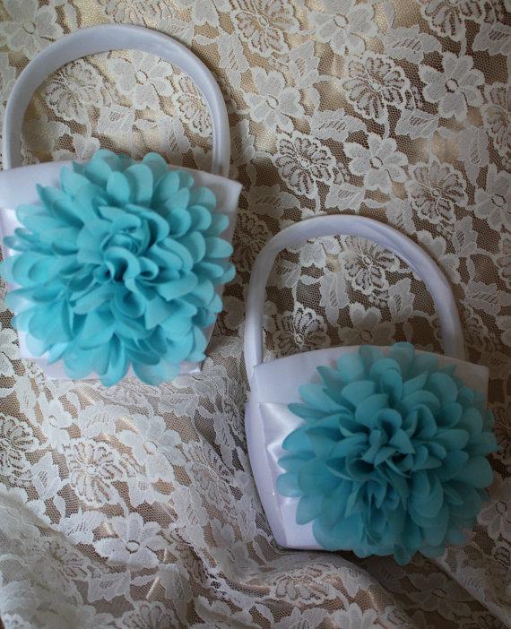 Hochzeit - 2 WHITE or Cream Satin Flower Girl Basket with Turquoise