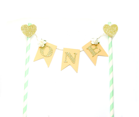 Mariage - Mint, Peach & Gold Birthday Cake Topper - First Birthday Cake Topper, 1st Birthday, Cake Bunting, birthday, baby shower, tea party