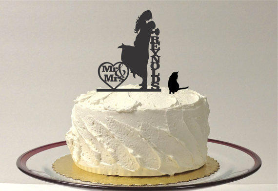Hochzeit - ADD YOUR CAT Personalized Wedding Cake Topper with Your Family Last Name Silhouette Cake Topper Bride + Groom + Pet Cat Monogram