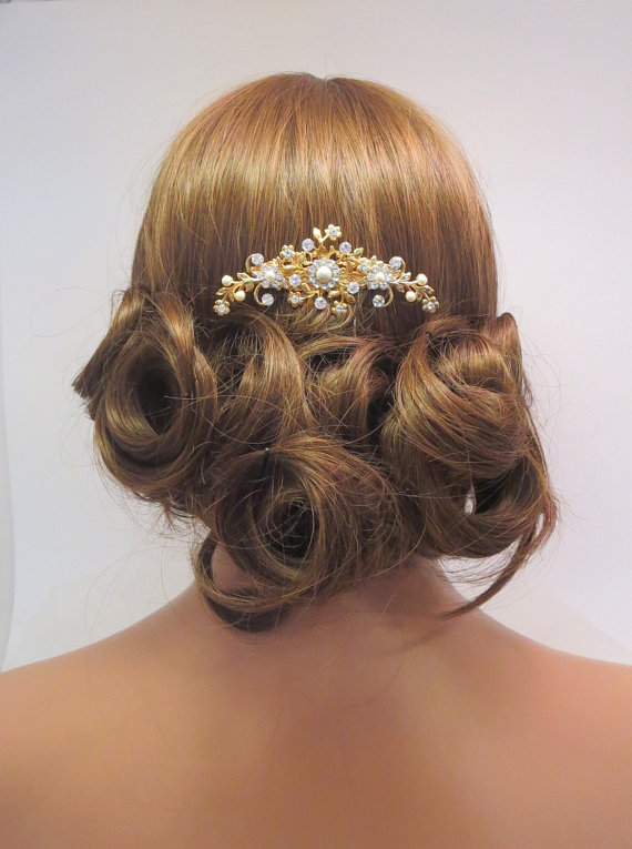 Mariage - Gold bridal hair comb, Gold wedding hair comb, Flower hair comb, Rhinestone hair comb, Vintage style hair accessory