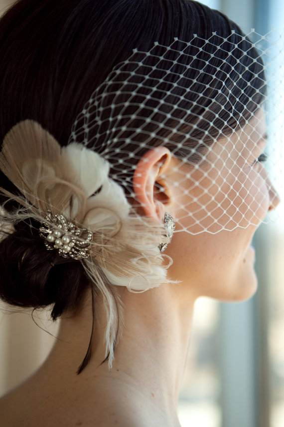 Wedding - Bridal Fascinator, Feather Wedding Head Piece, Feather Fascinator, Bridal Hair Accessories, Bridal Veil Set, Gatsby Wedding, Great Gatsby
