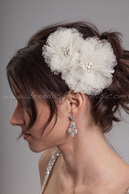 زفاف - Bridal Hair Flower 2 Piece Set, Point d'Esprit Wedding Flowers, Birdcage Veil Fascinators - Flora