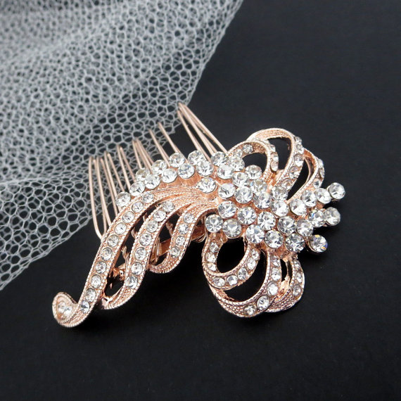 Mariage - Rose Gold Hair comb, Bridal hair comb, Bridal jewelry, Rose Gold Wedding headpiece, Rose Gold headpiece, Swarovski hair comb, Vintage style