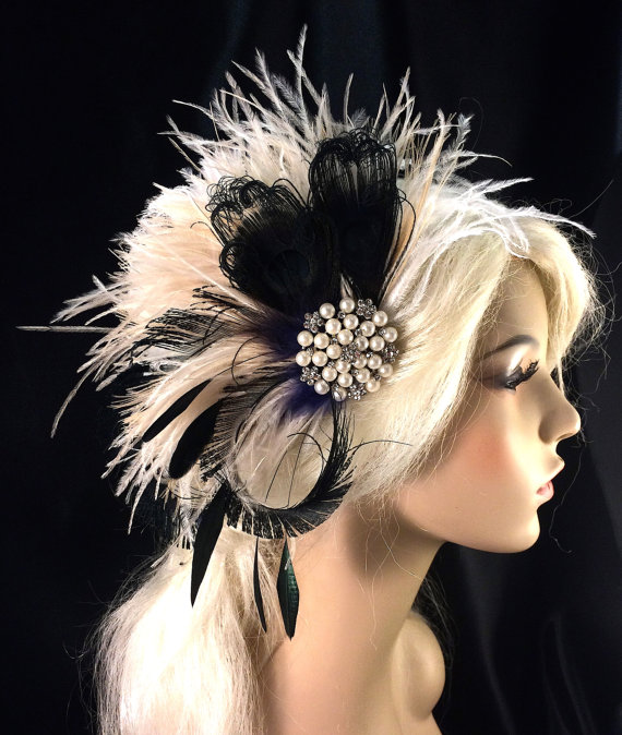 Hochzeit - Rhinestone Pearl Bridal Feather Fascinator, Bridal Headpiece, The Great Gatsby, Ivory, Champagne and Black Peacock, Bridal Fascinator