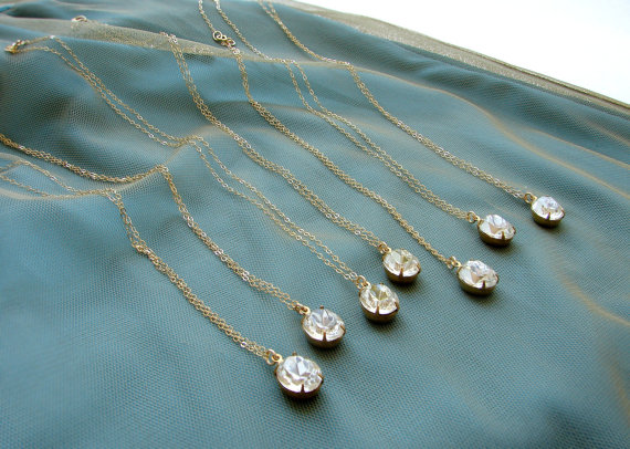 Wedding - Bridesmaid jewelry, bridesmaid necklace, Vintage rhinestone necklace, 7 Wedding party gifts, oval rhinestone pendant
