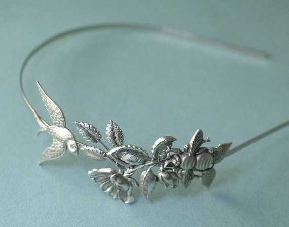 Wedding - Bird and bee headband bridal garden leaf head piece sparrow victorian wedding hair accessory