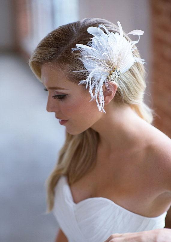Wedding - Ivory Bridal Hair Clip, Champagne Feather Wedding Headpiece, Bridal Hair Accessories, Feather hair clip, silver, gold, Crystal Hair Piece