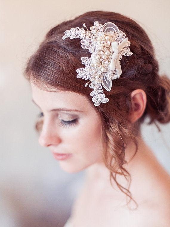 Wedding - Crystal and Lace Ivory Wedding Headpiece, Lace Bridal Hair Comb, Ivory Lace Bridal Hair Accessory, Lace Bridal Comb, Velvet Ribbon Hair Comb