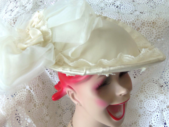 Wedding - Sale 70s Vintage Bridal Headpiece Hat White Tulle Beaded Pearls Bride Wedding Retro Photo Prop by picadillymarket