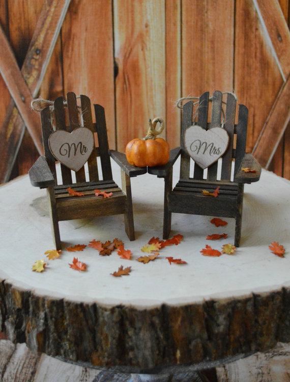 Wedding - Fall-wedding-cake topper-country-pumpkin-autumn-leaves-wood-chairs-Adirondack-bride and groom-groom's cake-fall wedding decor-fall leaves