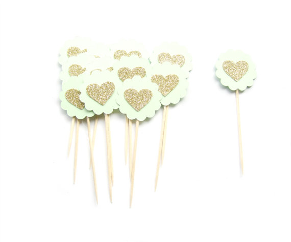 Hochzeit - 12 Mint Green & Gold Glitter Heart Cupcake Toppers - wedding, engagement, birthday, baby shower, tea party