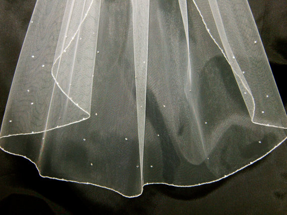 Hochzeit - Bridal Veil Swarovski Crystal Rhinestone Sheer 36 Inch Long Fingertip Length Wedding Veil with Silver Pencil Edge Trim Wedding Veil