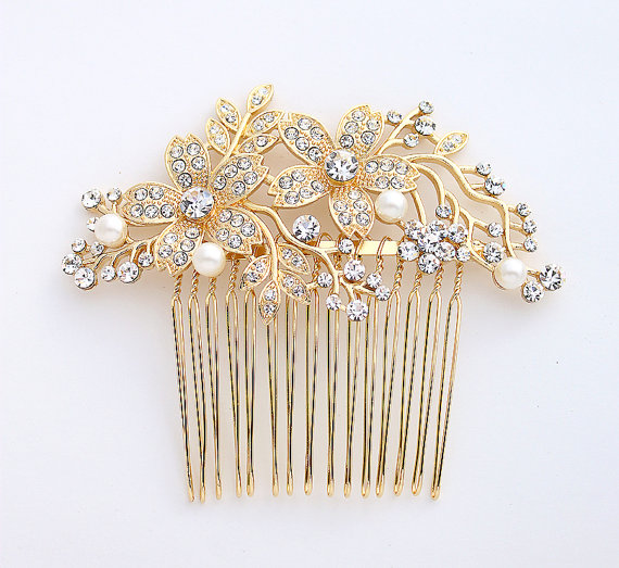 Wedding - Rhinestone Gold Comb Crystal Pearl Gold Bridal Hair Piece Wedding Jewelry Gold Hair Combs Gatsby Old Hollywood Bridal Headpiece