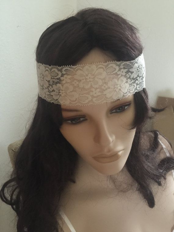 زفاف - Stretch Lace Headband, Adult Wide Boho Lace, White o Ivory Womens Hair Piece Forehead Accessory coral Head wrap, Head Bands, Festival