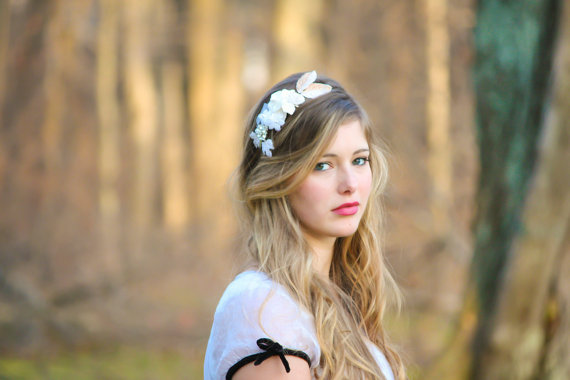 Hochzeit - flower crown, bridal headband with velvet flowers and rhinestone