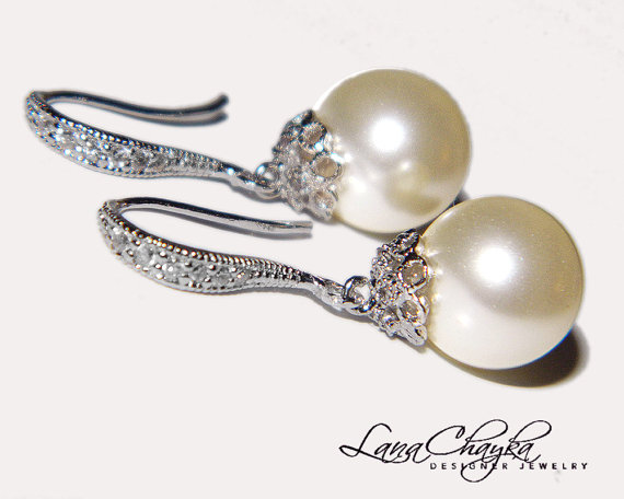 Hochzeit - Wedding Ivory Pearl Earrings Pearl Drop Bridal Earrings Swarovski 10mm Pearl Sterling Silver CZ Earrings Bridal Jewelry FREE US Shipping
