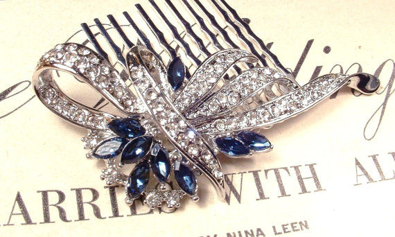 Wedding - Navy Blue Wedding Hair Comb, Sapphire & Clear Rhinestone Bridal Great Gatsby Art Deco Silver Brooch 1920s Accessory Something Blue Headpiece