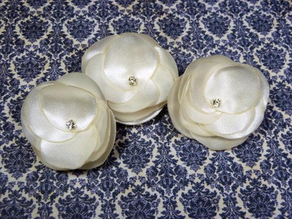 Mariage - Ivory OR White Satin Hair Flowers, Hydrangea, Cherry Blossom, Bridal Hair Accessories, Rhinestones, Bobby Pins or Hair Clips, Set of 3