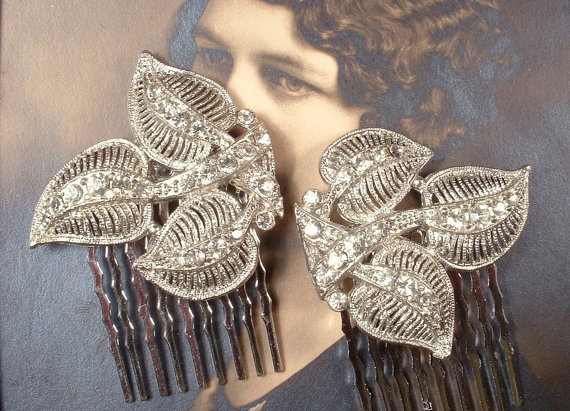 Silver Crystal Leaves Pearl Hair Comb Bridal Vintage Diamante 1920s Flower A15 