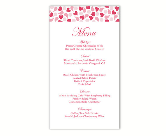 Свадьба - Wedding Menu Template DIY Menu Card Template Editable Text Word File Instant Download Red Menu Heart Menu Card Pink Printable Menu 4x7inch