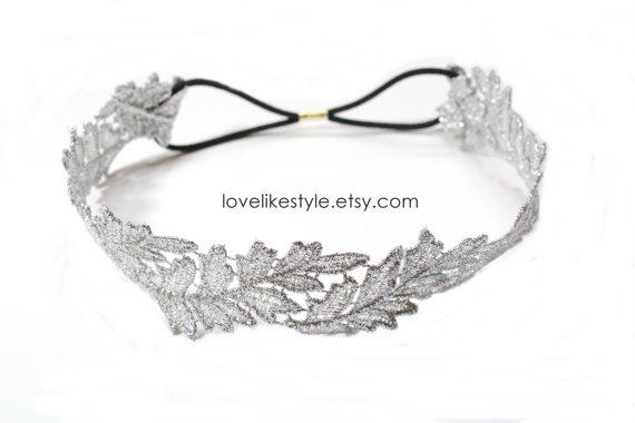 زفاف - Silver Leaf  Metallic Lace Elastic Headband, Silver Lace Headband, Bridal Headband, Bridesmaid Headband, Boho Headband