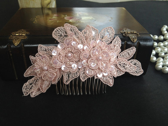 Hochzeit - Bridal Hair Accessories, Wedding Head Piece, Blush Pink Beaded Lace, Comb