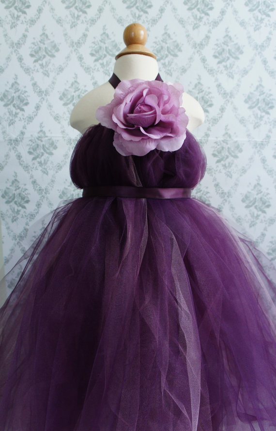 زفاف - Flower Girl Tutu Dress, Photo Prop, in Deep Purple,  with Delicate Oversized Purple Flower