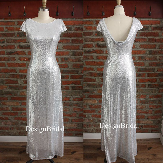زفاف - 10% OFF Sliver Sequin Bridesmaid Prom Dress,Sequin Long Dress,Fancy Sequins Evening Dress with Swoop Back,Modest Silver Party Dress Long