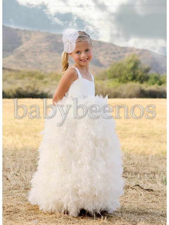 Wedding - Feather Flower Girl Dress, Flower girl dress feather, Floor Length Flower Girl Dress - VICTORIA - with CRYSTAL sash, Communion Dress