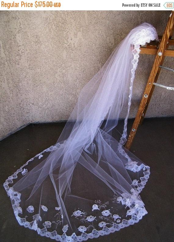 Wedding - FALL SALE Vintage Long  Lace Mantilla Style Bridal Veil and Headpiece
